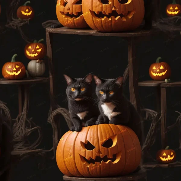 A seamless pattern of A group of Halloween Cats 42 sitting on top of pumpkins.