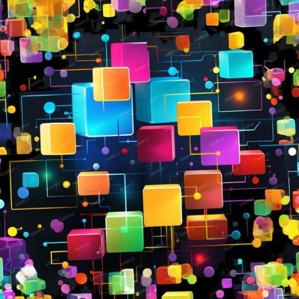A seamless pattern of Boxatronics 22 cubes on a black background.