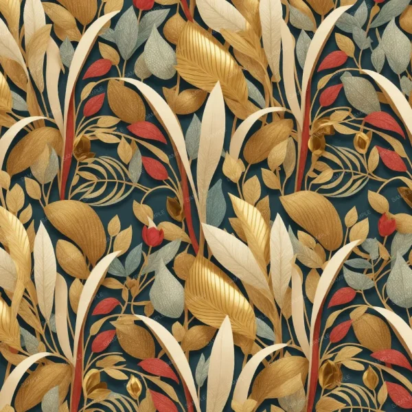 A seamless pattern of A Golden Rococo Scrollwork 43 (Copy) leaf pattern on a dark blue background.
