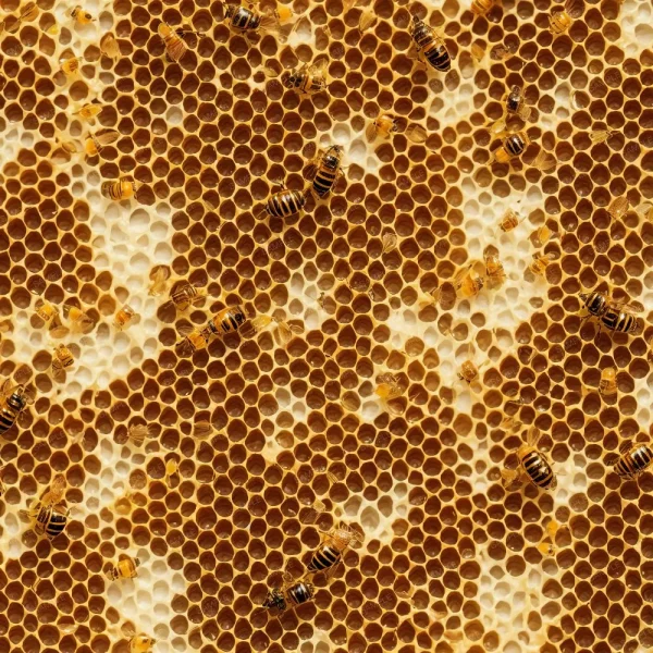 A seamless pattern of A close up of Honey Bees 25 (Copy) on a honeycomb.