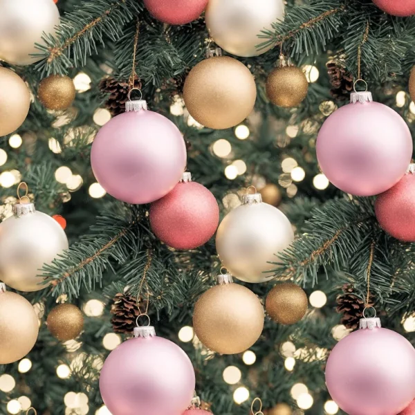 A seamless pattern of Pink and gold Halloween Cats 42 ornaments on a tree.
