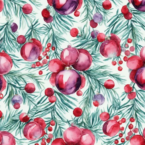A seamless pattern of A Halloween Cats 42 (Copy) christmas pattern with red balls and berries on a white background.