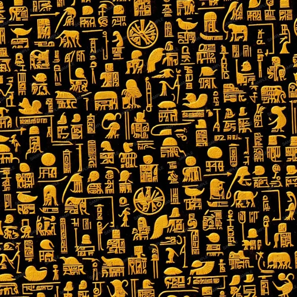 A seamless pattern of Egyptian symbols on a black background, Rose Gold Diamond Tufted.