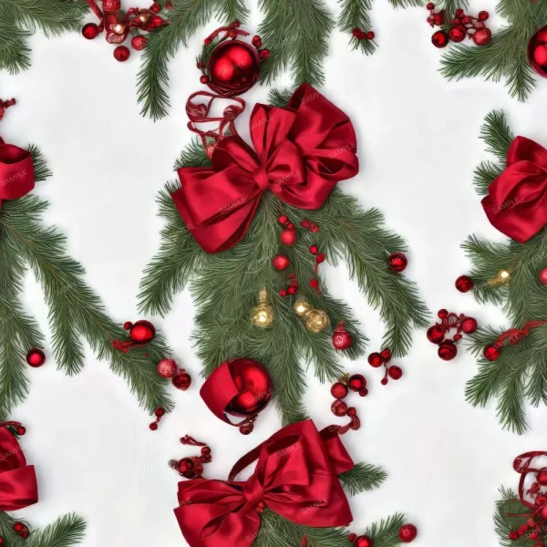 A seamless pattern of Christmas Door Decorations 42 with red bows and ornaments.