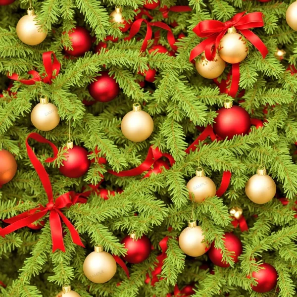 A seamless pattern of A Christmas Door Decorations 42 with red and gold ornaments.