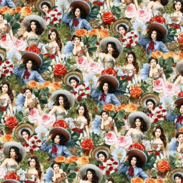 A seamless pattern of A collage of Boho Stripes 22 (Copy) in hats and roses.