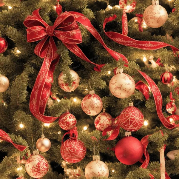 A seamless pattern of A Snow Covered Christmas Tree 42 decorated with red and white ornaments.