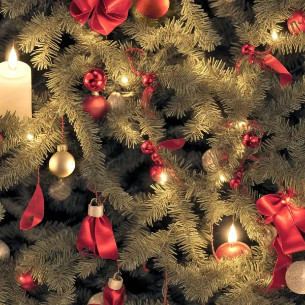 A seamless pattern of A close up of a Decorated Christmas Tree 43 (Copy) with red ribbons and candles.