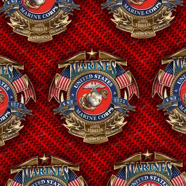 A seamless pattern of Marine Crossed Flags 25 (Copy) badges on a red background.