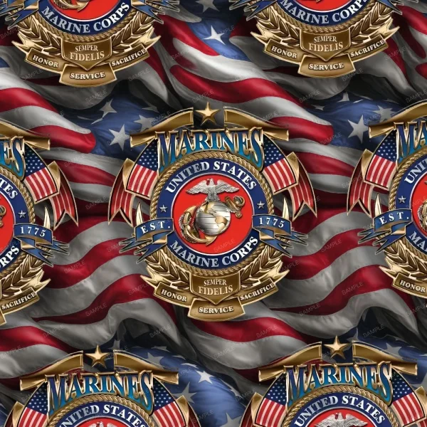 A seamless pattern of A pattern of Marine Crossed Flags 25 emblems on an american flag.