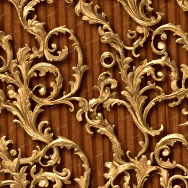 A seamless pattern of A Baroque Golden Acanthus Scrollwork 44 (Copy) ornate pattern on a wooden background.