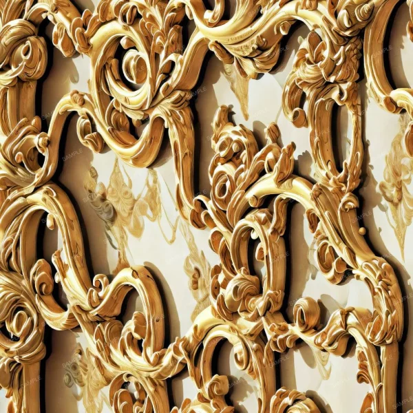 A seamless pattern of An ornate Golden Scrollwork on Mohogany wall with ornate carvings.