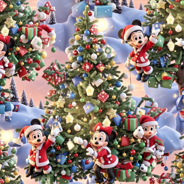 A seamless pattern of A 3D Christmas Tree with Presents 42 (Copy) featuring Mickey Mouse and Santa Claus.