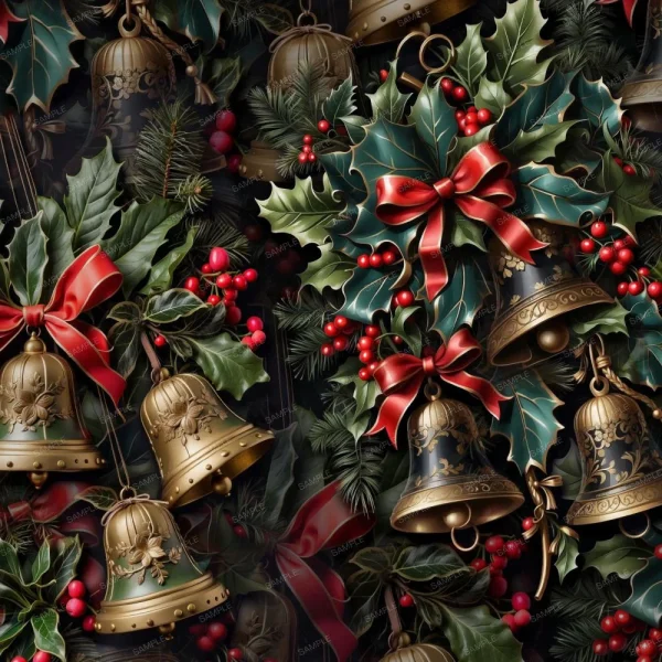 A seamless pattern of 3D Christmas Tree with Mickey 43 with holly and berries on a black background.