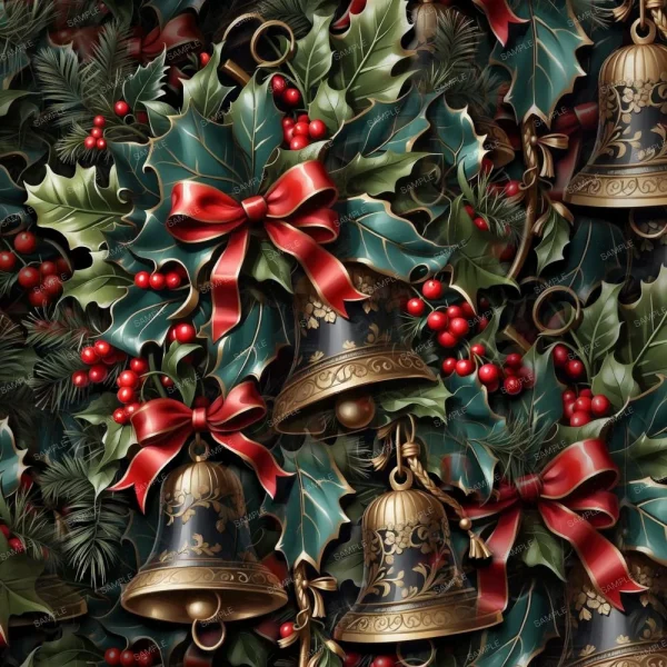 A seamless pattern of Vintage Holly Christmas Bells 43 (Copy) seamless pattern with bells and holly.