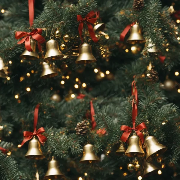 A seamless pattern of Vintage Holly Christmas Bells hanging on a Christmas tree.