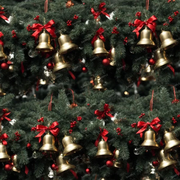 A seamless pattern of Vintage Holly Christmas Bells hanging on a christmas tree.