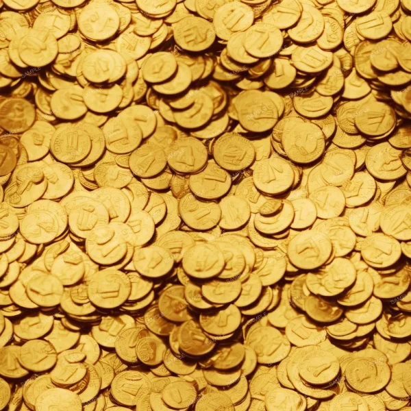 A large pile of gold coins with various designs and symbols densely packed together, filling the entire frame. The coins are shiny, and their intricate details are partially visible.
