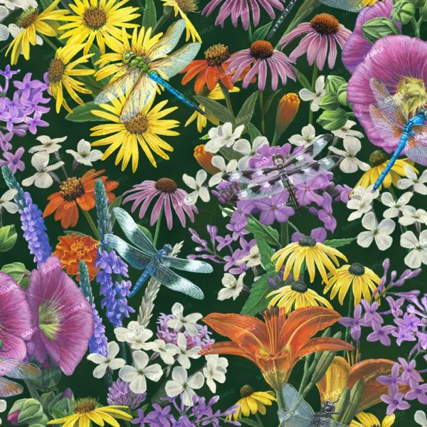 A seamless pattern of Dragonflies and flowers on a Faux Botanical Illustration (Copy) background.