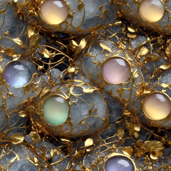 A seamless pattern of A group of colorful gemstones on a Flowing Gold Paint 43 (Copy) background.