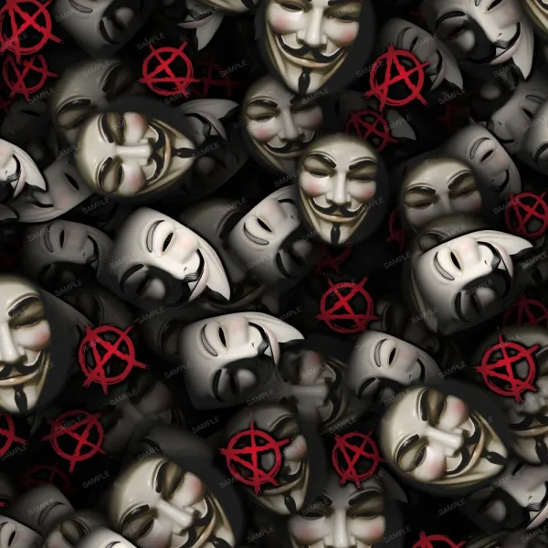 A seamless pattern of A collage of many Guy Fawkes Anarchy 23 (Copy) masks.