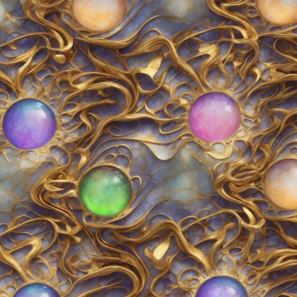 A seamless pattern of A Gold Veins and Colored Glass background with colorful gemstones on it.