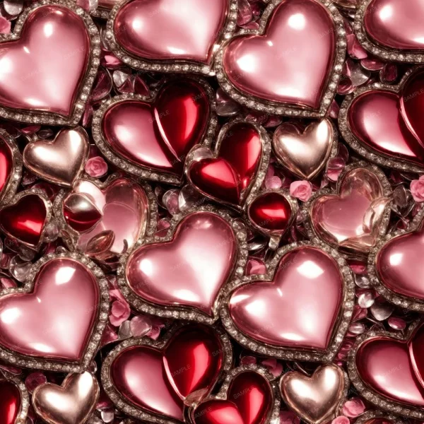 A seamless pattern of Gold Christmas Tree Ornaments background with pink hearts and diamonds.