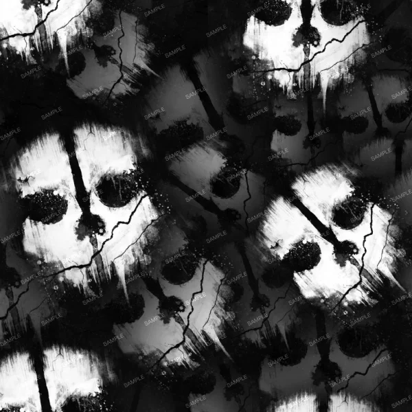 A seamless pattern of Battallion Force (Copy) black and white skulls on a black background.