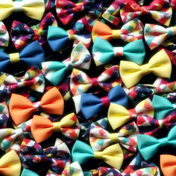 A seamless pattern of Many colorful bow ties are arranged on a black background, creating a vibrant Macrame Tapestry 42 (Copy).