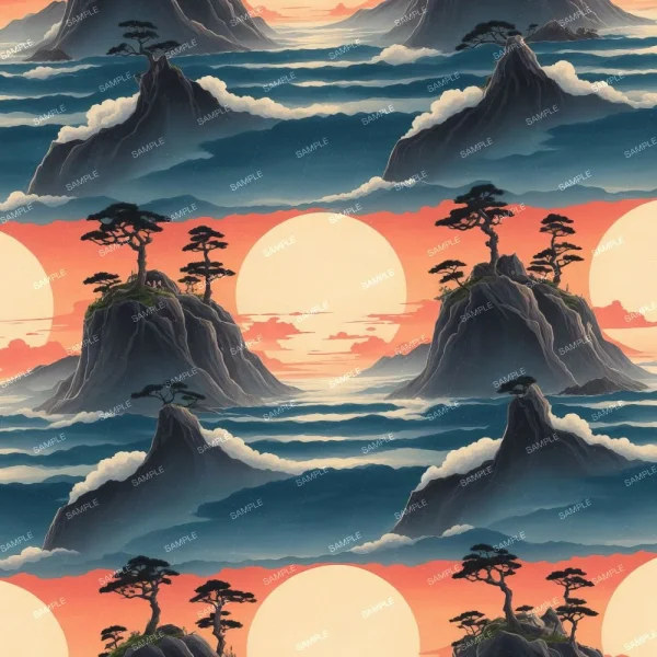A seamless pattern of A Japanese pattern featuring mountains and trees, inspired by traditional Guy Fawkes Anarchy 22 (Copy) motifs.