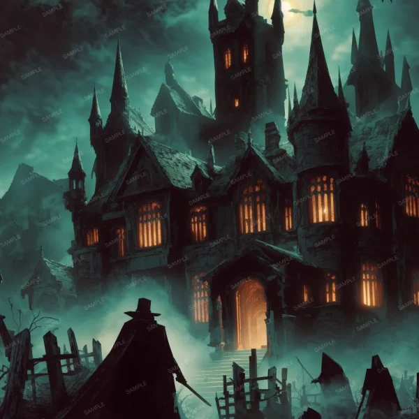A seamless pattern of A haunted castle filled with vampires and skeletons, adorned with eerie Valentines Hearts (Copy) as decorations.