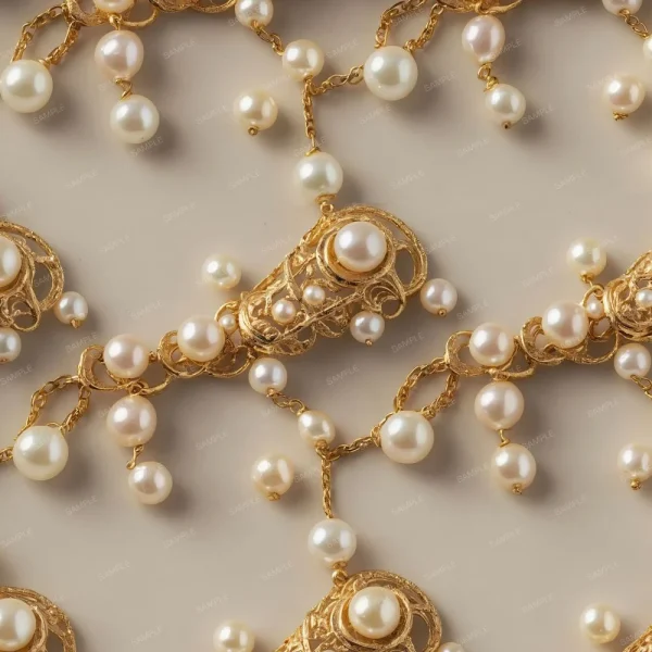 A seamless pattern of A close up of a necklace with White Pearls on Gold Chains.