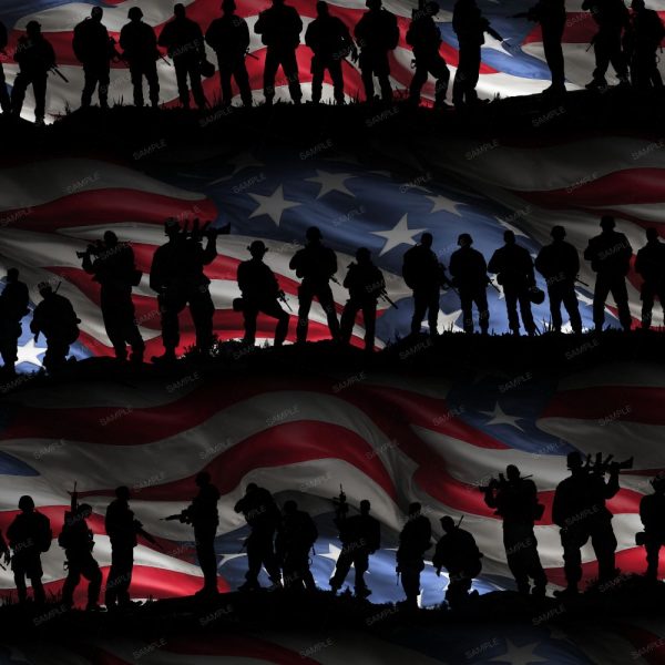 A seamless pattern of Silhouettes of soldiers on an American flag, inspired by the powerful camaraderie depicted in Band of Brothers 24 (Copy).
