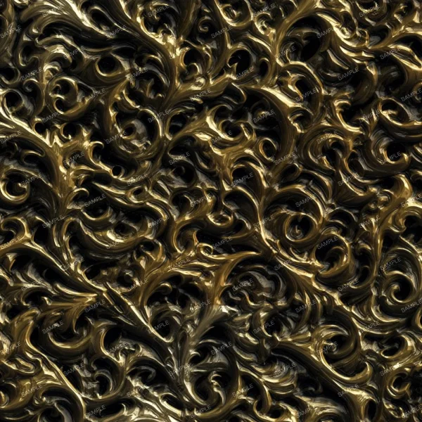 A seamless pattern of White pearls on gold chains adorned with swirls and swirls.
