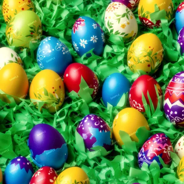 A seamless pattern of Colorful painted Lilly Easter Egg Baskets on green grass.