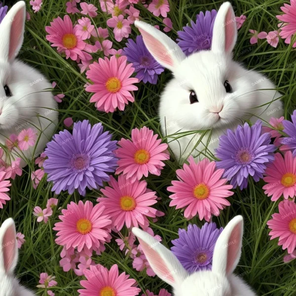 A seamless pattern of A white Easter Bunny 42 is surrounded by pink and purple flowers.