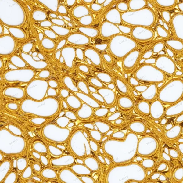 A seamless pattern of A Rubbed Gold Scrollwork liquid texture with gold scrollwork on a white background.