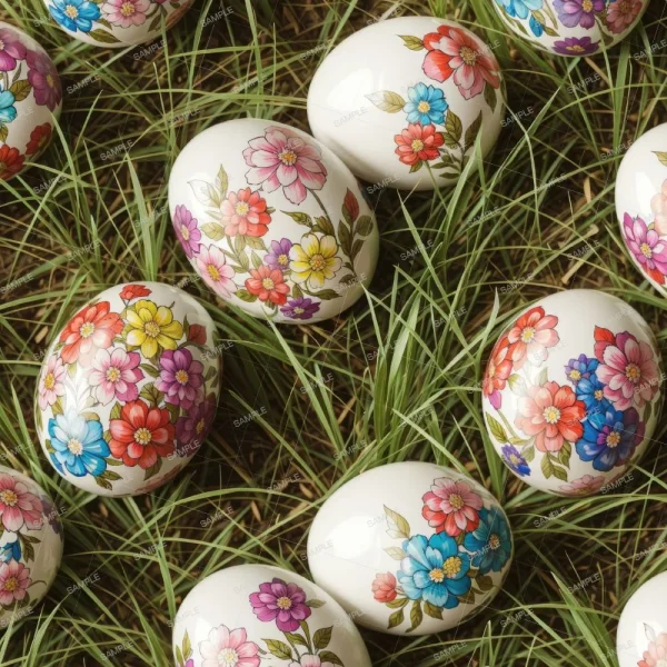 A seamless pattern of Colorful painted Easter eggs, alongside Easter Bunny 42 copies, on the grass.