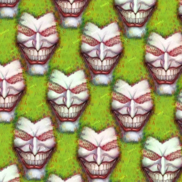 A seamless pattern of A pattern of Joker Demon 21 faces on a green background.