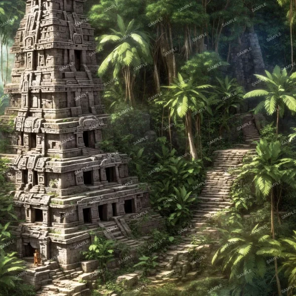 A seamless pattern of Ancient temple ruins enveloped by Wild Things Forest foliage.