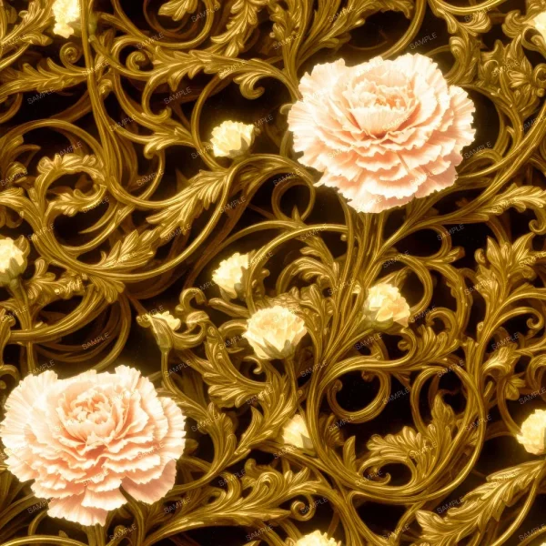 A seamless pattern of Elaborate golden scrollwork and curves forming a baroque pattern intertwined with stylized images of Carnations on Brass Acanthus Scrollwork on a dark background.