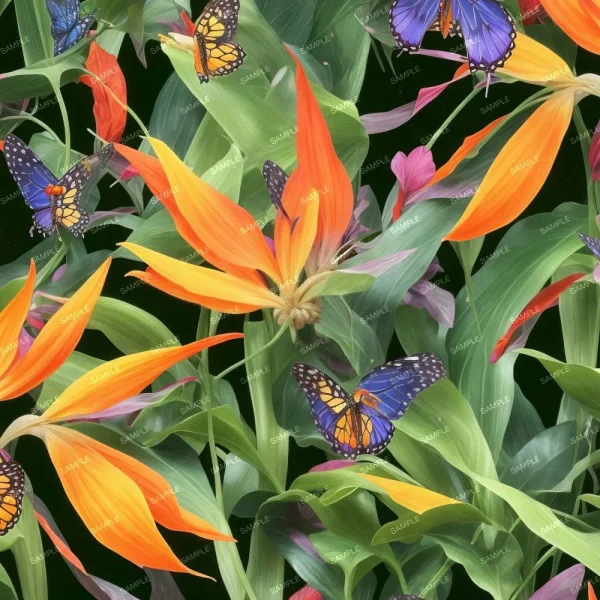 A seamless pattern of A vibrant assembly of orange and yellow lilies with green foliage, accompanied by multiple butterflies with orange and blue wings, and Hibiscus 26.