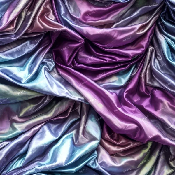 A seamless pattern of Luxurious satin fabric featuring a blend of violet and blue shades in elegant folds, embroidered with Embroidered Flowers 42.