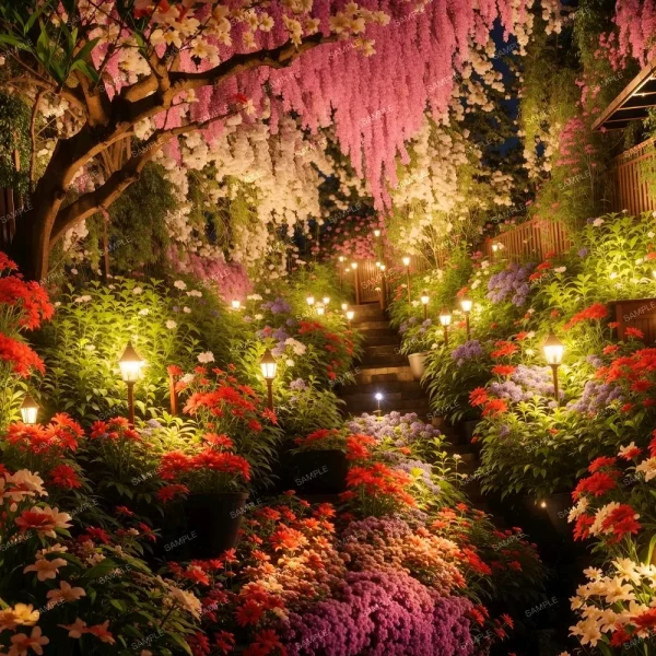 A seamless pattern of A vibrant garden illuminated at night with a multitude of colored flowers and hanging purple wisteria, featuring lampposts along a path at Guatamala Temple 42 (Copy).