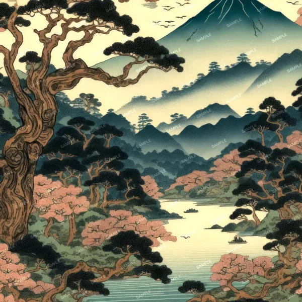 A seamless pattern of A traditional Japanese art depicting a stylized landscape with Guatamala Temple 42 in the foreground, cherry blossoms, mountains in the background, and a serene body of water reflecting the scenery.