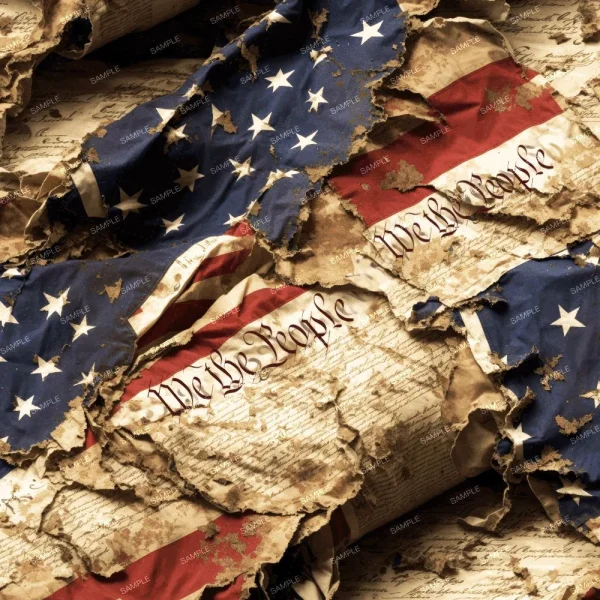 A seamless pattern of 100cmx50cm US Flag Grunge Level 6 overlaying a weathered copy of the United States Constitution, showing the phrase "we the people," indicative of historical patriotism and possibly wear or distress.