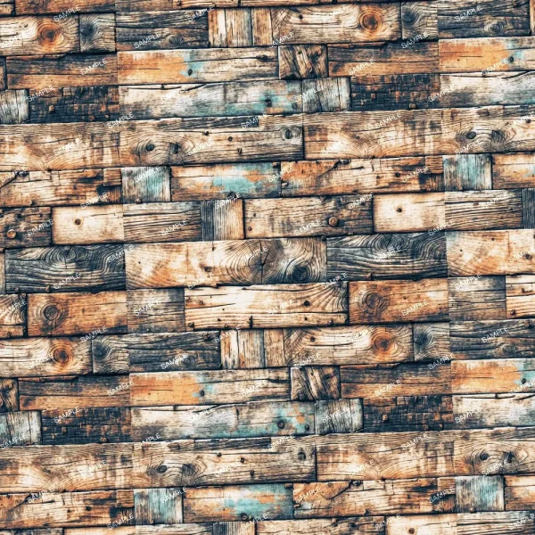 A seamless pattern of A textured surface of weathered Designer Wood 42 planks with varied patterns and traces of blue paint.
