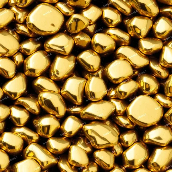 A seamless pattern of A close-up image of numerous Splashed Molten Gold-colored, shiny beads clustered together, resembling molten gold.