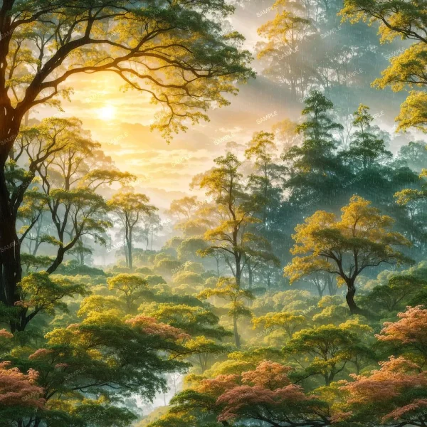 A seamless pattern of Sunrays filter through the canopy of a dense, misty forest at sunrise, highlighting the vibrant greenery and trees surrounding Peaceful Japanese Lake with Trees.