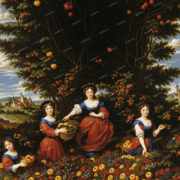 A seamless pattern of A painting depicting four women in traditional clothing harvesting and presenting fruit from lush trees in a Peaceful Japanese Lake with Trees setting with a village in the background.